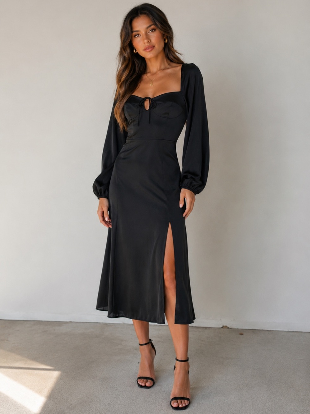 NWT WAYF Black Long Sleeve Midi Dress Bustier Tie Front Square Neck - Size XS